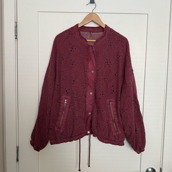 Free People Daisy Jane Bomber Jacket Women Sz L Burgundy Eyelet Embroidered Boho - Picture 1 of 12